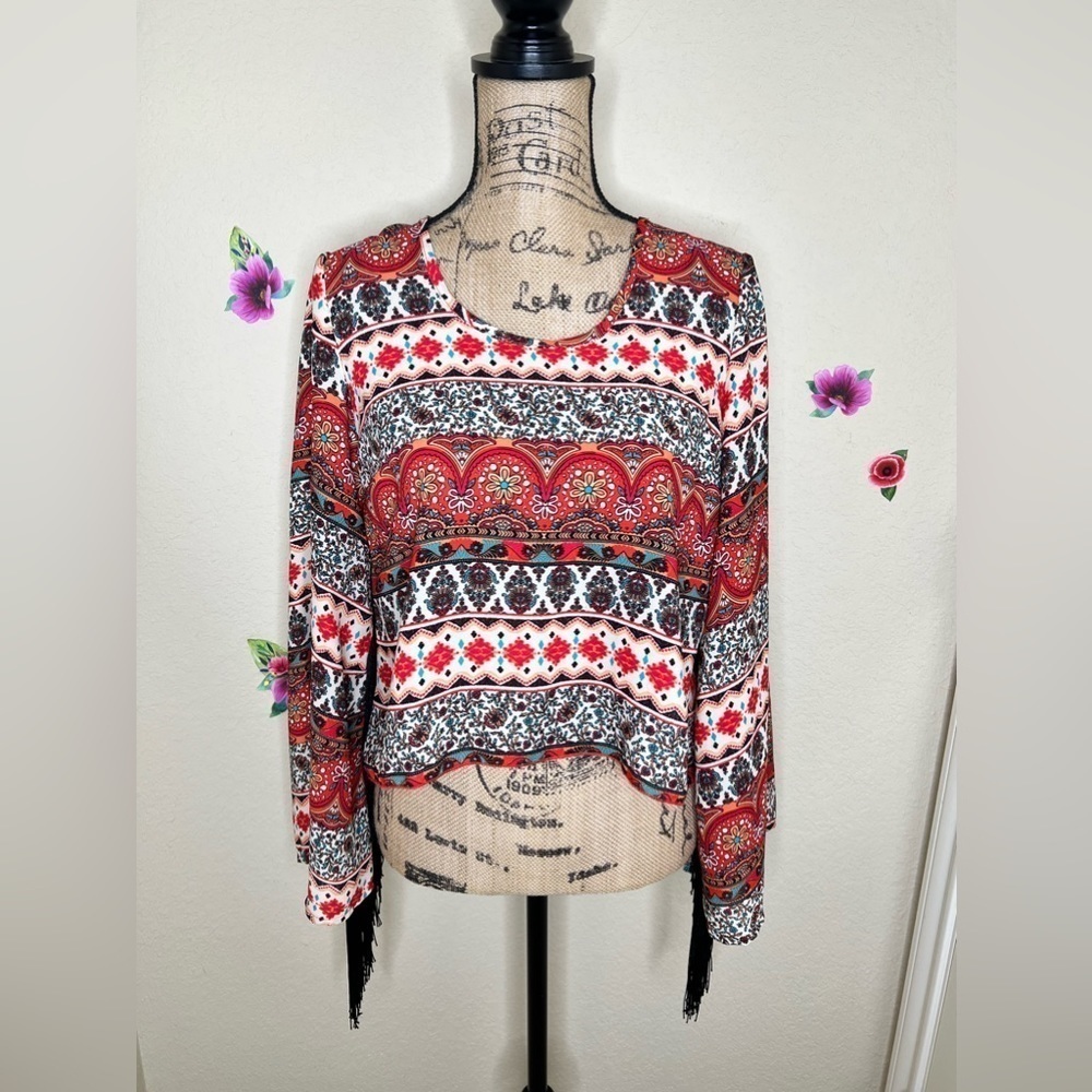 See You Monday Bell Sleeve Multi Print Fringe Top with Split Open Back Size S